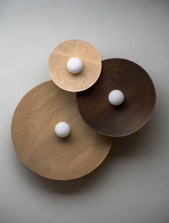 Concentric Trio Ensemble in American Ash for 10" shade, Black Walnut for 15" and White Oak for 20" with Opal Globes